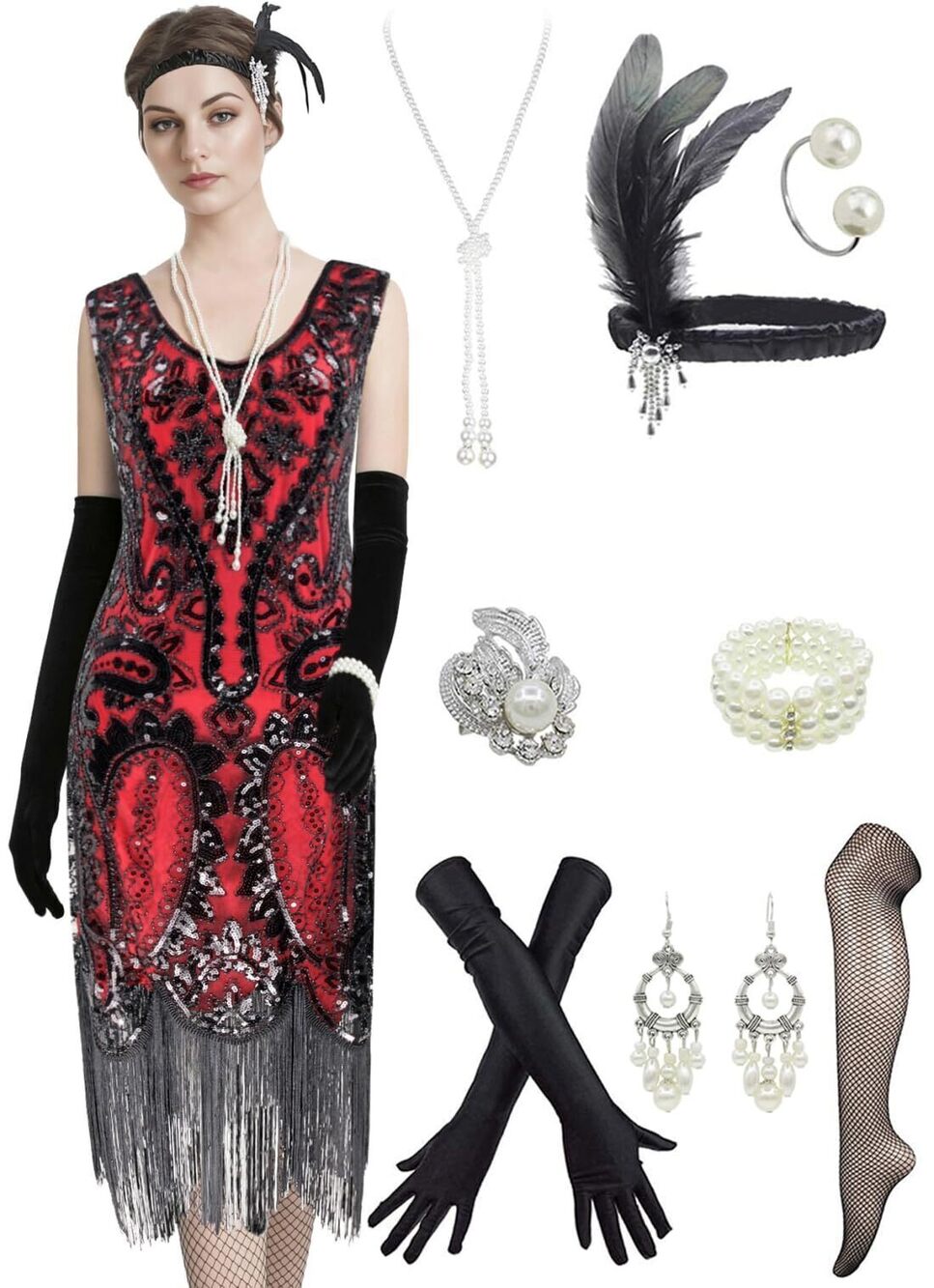 8160 Flapper Dresses 1920s Sequin Fringed Paisley Great Gatsby Dress 20s